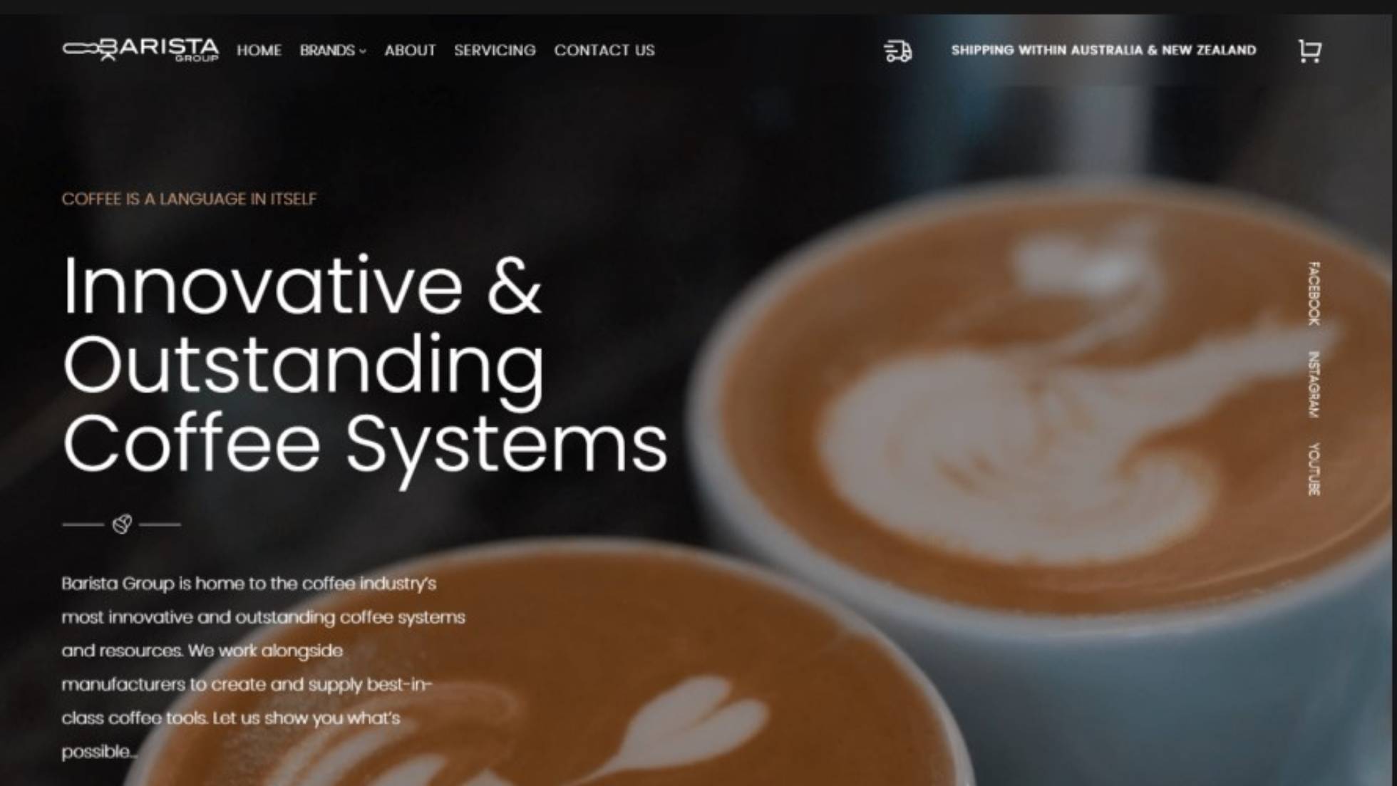 A Photo of the Creato's Ecommerce web design case study of Barista website homepage featuring two cups of coffee with latte art and a slogan about innovative and outstanding coffee systems.